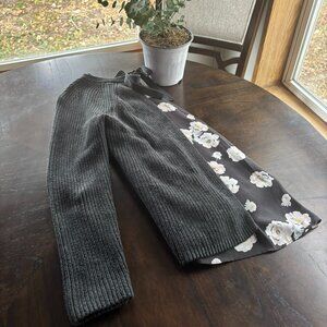 Loft Dark Gray & Black Sweater w/ Silky White Flower Inlay + Back Tie (Size M)